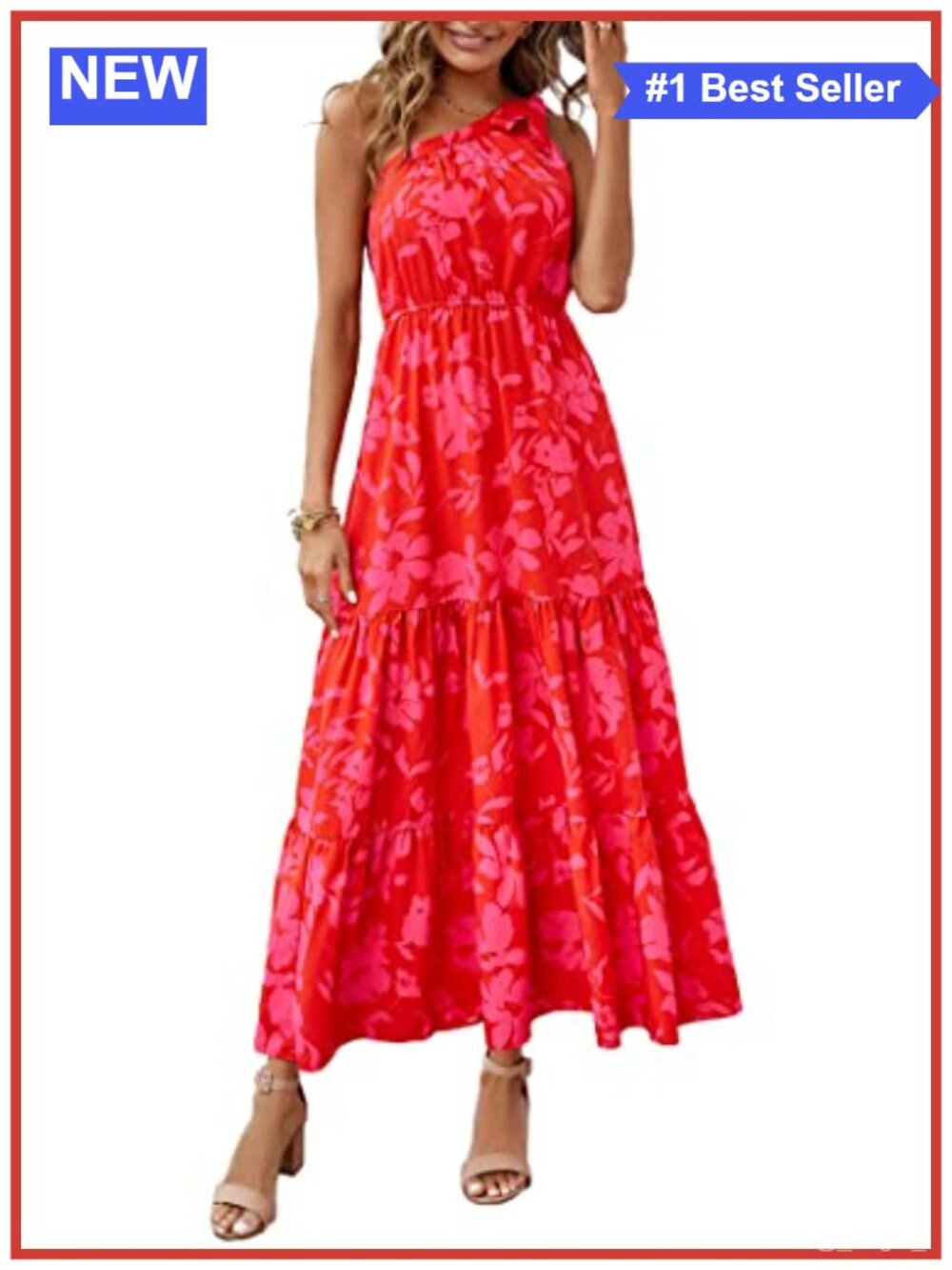 Women's One Shoulder Floral Maxi Dress Boho Sleeveless A-Line Ruffle Hem
